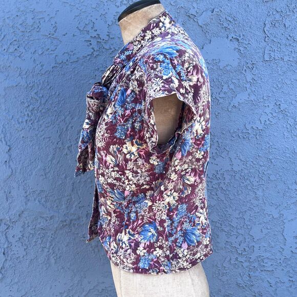 80s Floral Blouse Cottagecore in Womens Small Country Top with Bow - Picture 5 of 10